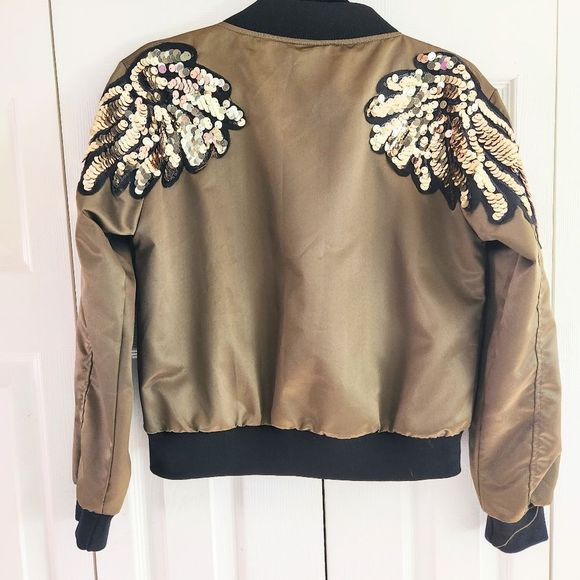 Jackets & Coats Olive Green Satin Bomber Jacket With Sequined Wings